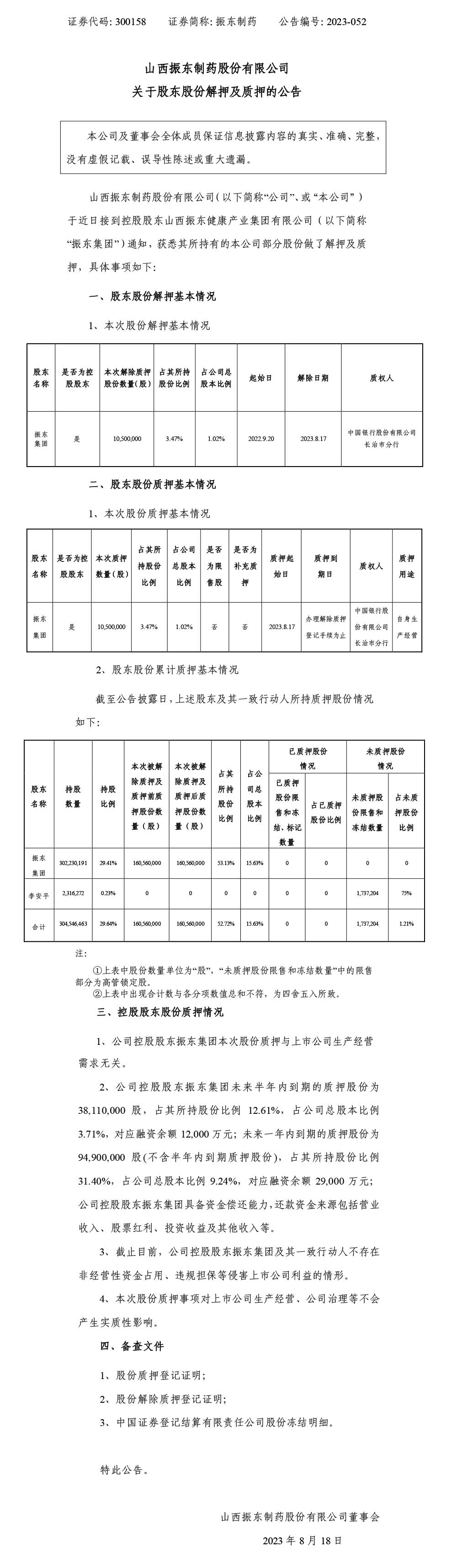 bwin必赢制药,bwin必赢,300158,股东股份解押及质押,股东股份